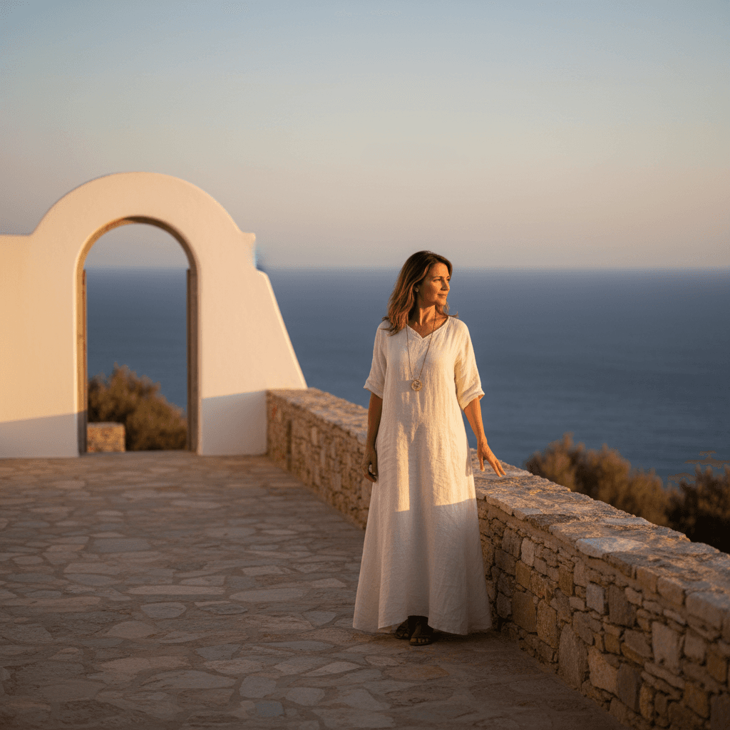 Maria Vassalou on the villa terrace